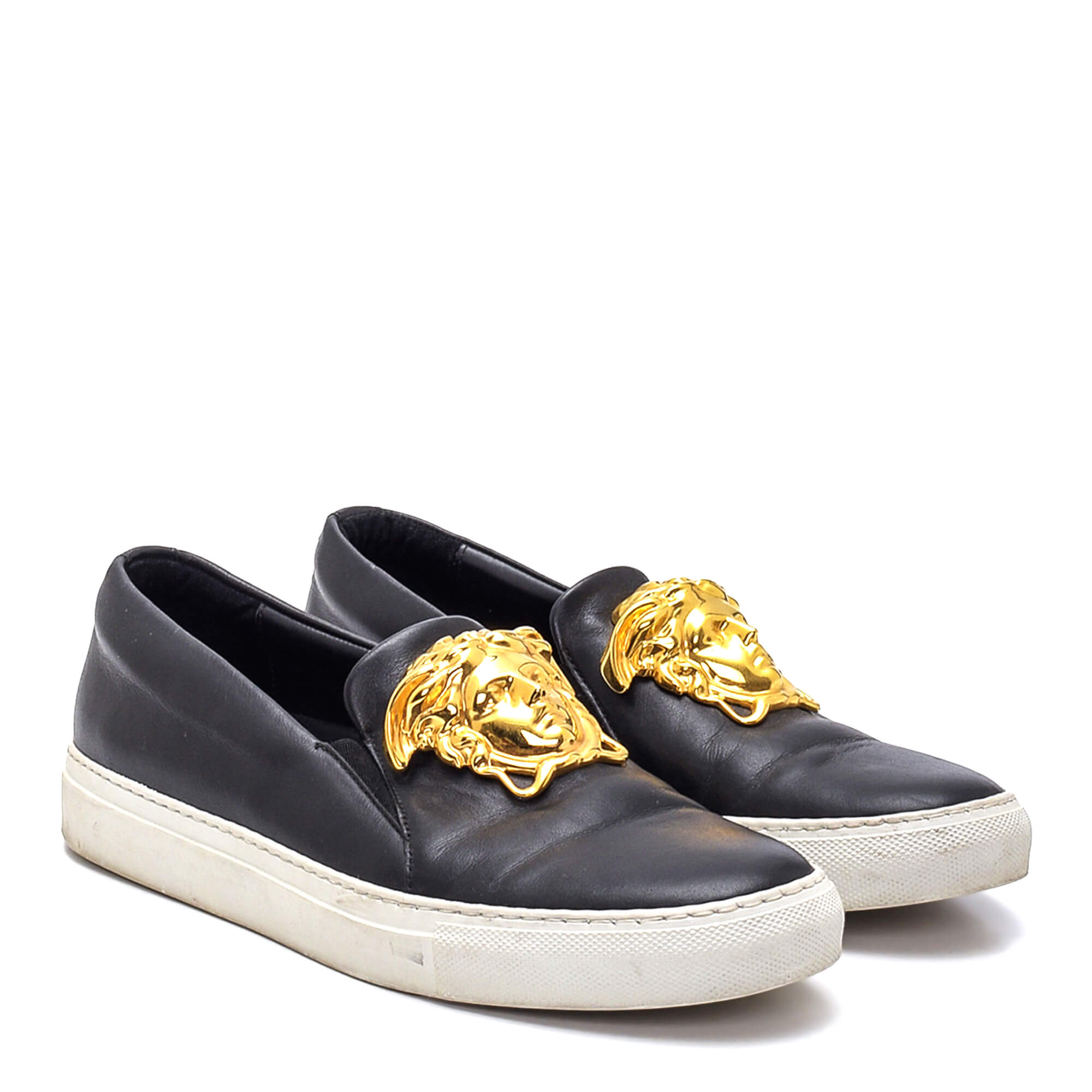 Versace - Black Leather Iconic Gold Medusa Slip On Sneakers